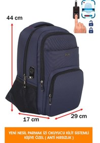 Resim 14"-15,6" İnç Laptop Sırt Çantası Yeni Nesil Parmak İzi Okuyucu Kilit Sistemli Anti Hırsızlık Lacivert 