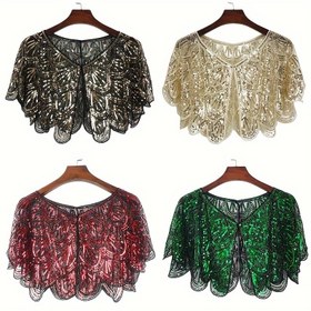 Resim 1920'lerin Sequin Flapper Şalı Vintage İnce Nefes Alabilen Parlak Cape Kadınlar için Zarif Stil Dış Kısa Pelerin Banket 