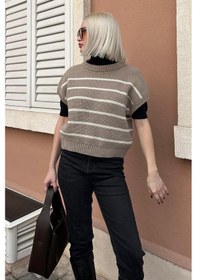 Resim Madmext Vizon Çizgili Triko Süveter Mg2159 Vizon 