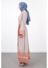 Resim Pureva Garni Detaylı Kuşaklı Keten İkili Kimono - Bej/oranj Çok Renkli 