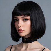 Resim 12 İnç Siyah Bob Peruk, Kadınlar için Düz Sentetik Saç - Şık Günlük & Cosplay Peruk, %100 Yoğunluk, Yüksek Sıcaklık Lif, Tüm Etnik Gruplar için Mükemmel 
