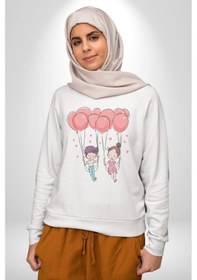 Resim Sevgili Balon Aşk Salıncak Sevgililer Günü Unisex Beyaz Baskılı Sweatshirt Beyaz 