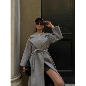 Resim Melek Kostak Gri BALIKSIRTI%78YÜN, %22PAMUK Premium Kuşaklı Kaşe Kaban 