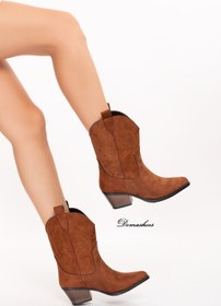 Resim Demashoes Taba Kısa Cilt Nakışlı Western Kadın Kovboy Çizme 