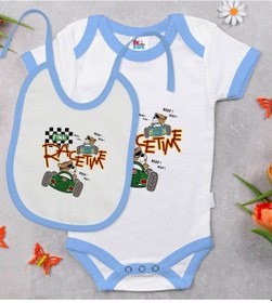 Resim Bk Kids Race Time Tasarımlı Mavi Bebek Body Zıbın Ve Mama Önlüğü Çok Renkli 