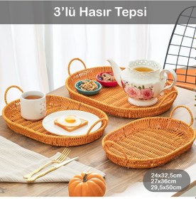 Resim Porsima 708-a Oval 3'lü Hasır Tepsi Dekoratif Servis Sunum Tepsi 