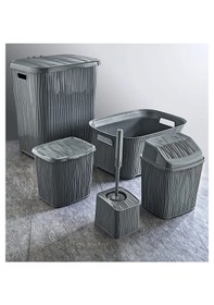 Resim Dalgalı 5 Parça Banyo Seti Kirli Çamaşır Sepeti Deterjanlık Çöp Kovası Temiz Çamaşır Sepeti Çeyizlik Gri Gri 