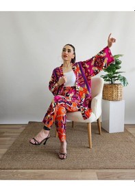 Resim İpli Fuşya Renk Etnik Desenli Viskon Kumaş Kimono Takım Fuşya 
