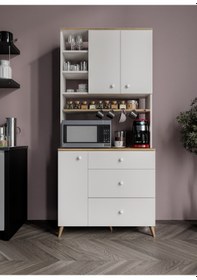 Resim Stella Kahve Köşesi Dolabı Beyaz-meşe 90cm, Erzak Dolabı, Kiler Dolabı 