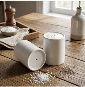 Resim 2'li Porselen Tuzluk Ve Karabiberlik Seti - Minimalist Beyaz Seramik Sofra Tipi Baharatlık Takımı Modern Masaüstü Tuz Ve Karabiber Kabı 5,5 X 6 Cm Açık Gri 