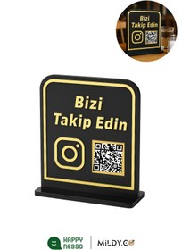 Resim Happynesso Gold Siyah Karekodlu "Bizi Takip Edin" Tabela 15x18 cm Pleksi - Instagram Ikonlu 