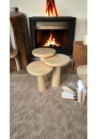 Resim 3 Lü Set Wood Wooden Minimalist Mantar Yan Sehpa Ahşap Modern Natural Ahşap 