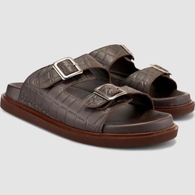 Resim %100 Hakiki Deri Croco Desen Kahverengi Erkek Terlik Kahverengi 