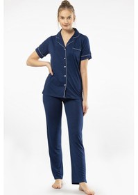 Resim Türen 3368 Kadın Kısa Kollu Gömlek Yaka Pijama Takım-lacivert Lacivert 
