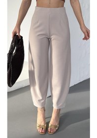Resim Paw Garage Kadın Bernis Bej Balon Pantolon, Beli Lastikli Şalvar Model Krep Balon Pantolon Basen Gizleyen Taş 