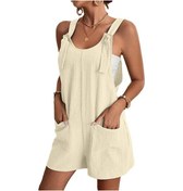 Resim Bej Kadın Strappy Gevşek Kaba Pamuk Şort Yaz Romper Plaj Tulum Tulum Xl Bej 