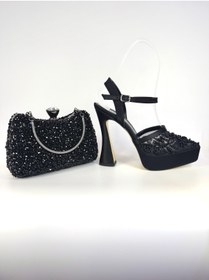 Resim E&L Company 15cm Siyah dantel ve inci işlemeli Çantası dahildir. 