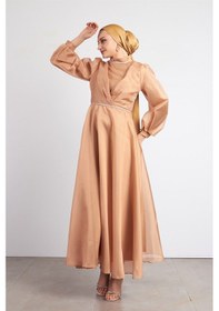 Resim Livanomi Beli Taşlı Gold Tesettür Abiye Elbise Altın 