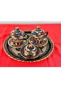 Resim 2li Bakır Fincan Takımı Ve Lokumluk,yuvarlak Tepsi 