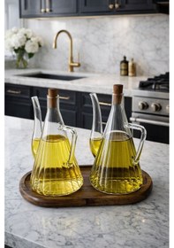 Resim Morponi Akasya Stantlı Borosilikat Cam Akasya Kapak Glazzy Yağlık Seti 500 Ml + 500 Ml Çizgili Tasarım Amber 