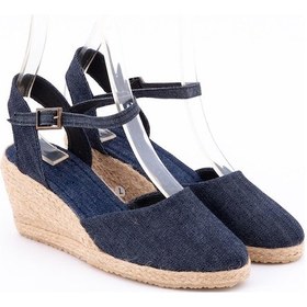 Resim Topuğu Açık Bilekten Bantlı Dolgu Topuk Bayan Kot Mavi Keten Hasır Espadril Mavi 