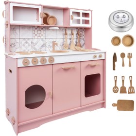 Resim HOBBY HOUSE Fayans Desenli Pembe Ahşap Oyuncak Çocuk Mutfak 9 Parça Servis Seti Ve Led Hediyeli 
