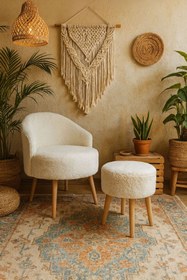 Resim WEBPANYA MOBİLYA Gürgen Ahşap Ayak Kırık Beyaz Welsoft Kumaş Dekoratif Berjer Puf Makyaj Masası PUF HEDİYELİ 