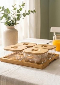 Resim Cam Kahvaltı Seti Bambu Kapaklı 9 Parça 4x200 ML 