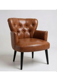 Resim Waterybrook Tekli Berjer Koltuk - Kapitoneli Suni Deri - Siyah Ahşap Ayaklı - Modern Tasarım Taba Kahverengi 