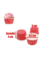 Resim 100 Adet Puantiyeli Kırmızı Büyük Boy Pet Kapsül Cupcake Muffin Kek Vb. Kalıbı Ebat: 6,7 Cm X 4 Cm X 5 Cm Puantiyeli Kırmızı 