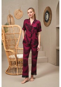 Resim Pjs 25140 Kadın Yakalı Düğmeli Desenli Kısa Kollu Pijama Takım Bordo 