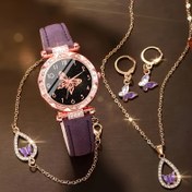 Resim 5 adet Zarif Kelebek Temalı Suni Deri Kuvars Saat ve Takı Seti - Sparkling Rhinestones ile Bileklik, Kolye, Küpe içerir - Günlük Giyim, 'S Günü, Doğum Günü Hediyeleri, Her Gün Aksesuarı için İdeal | Kelebek Motifi | Kuvars Hareket 