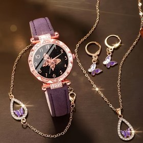 Resim 5 adet Zarif Kelebek Temalı Suni Deri Kuvars Saat ve Takı Seti - Sparkling Rhinestones ile Bileklik, Kolye, Küpe içerir - Günlük Giyim, 'S Günü, Doğum Günü Hediyeleri, Her Gün Aksesuarı için İdeal | Kelebek Motifi | Kuvars Hareket 
