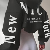Resim Kadın New York Baskılı Kapüşonlu Sweatshirt - Yazılı ve Brooklyn Yazılı Açık Renk, Günlük Büzgülü Kapüşonlu Kazak, Makinede Yıkanabilir Sonbahar Kışlık Kazak, Kazak Hoodie, Sonbahar Kışlık Giyim, Streetwear Moda 