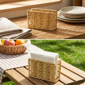 Resim MiraLive Dekoratif Plastik Rattan Dikdörtgen Peçetelik-doğal Hasır Dokulu Masaüstü Peçete Standı (4887) 