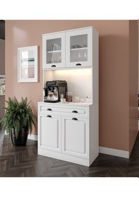 Resim Guneystore Luna 2 Kapaklı Kahve Köşesi 93 Cm Mdf, Led Aydınlatmalı, Çok Amaçlı Mutfak Ve Airfryer Dolabı Beyaz 