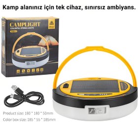 Resim İdragon D88-2 Güneş Enerjili Kamp Lambası Rgb Işıklı, 4500mah Powerbank, 10m Işık Dizisi, Type-c Sarı 