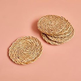 Resim BELLA MAISON Rafe Örgü Rattan Bardak Altlığı, Naturel, 6 Adet, Çap: 10 cm 