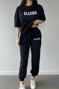 Resim MODARİCH Ellore T-Shirt Eşofman Altı Jogger - Siyah Baskılı Tişört Alt Üst Takım Bisiklet Yaka 