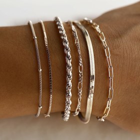 Resim 6 Parça Zarif Gümüş Bileklikler, Kadınlar İçin Trendy Paperclip Box Herringbone Figaro İp Zincirli Moda Paketi - Hediye 