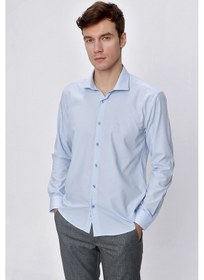 Resim MORVEN Erkek Buz Mavisi Basic Slim Fit Dar Kesim Gömlek Mavi 