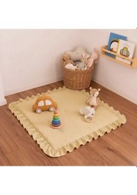 Resim Keten Oyun Halısı, Kare Oyun Matı, Fırfırlı Oyun Minderi - Sarı 