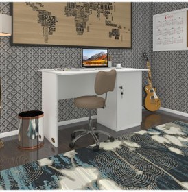 Resim Kenzlife Ofis Masası Yoko Ono Byz Sağ 75 150 60 Kilitli Kapaklı Dolap Eşkenar Bilgisayar Çalışma Masası Beyaz 