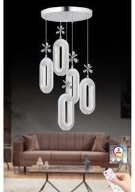 Resim İstanbul Avize Led Alfa 5'li Gümüş Kumandalı 3 Renk Ledli Kristal Taşlı Modern L 