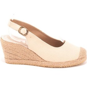 Resim Star Tombis Gerçek Elişi Arkadan Bantlı Topuğu Açık Burnu Hasırlı Keten Espadril Dolgu Topuk Handmade Bej 