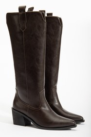 Resim DENORA Acı Koyu Kahve Mat Deri Topuklu Kovboy Western Düz Çizme 