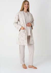 Resim Çiçek Desenli Penye Sabahlıklı 3'lü Hamile Lohusa Pijama Takımı - 3452 - Vizon / XL / Terlik ve Taç Seti İstemiyorum 