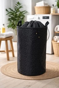 Resim Lüx Leopar Desenli Kumaş Büzgülü Katlanır Kirli Çamaşır Sepeti Dolap Içi Çocuk Oyuncak Sepeti 35x35x50 Siyah 