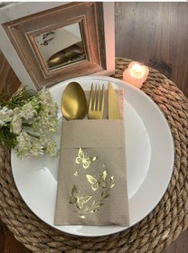 Resim Gold Yaldızlı Kraft Kelebek Yaprak Detaylı Cepli Kanguru Peçete 12 Adet 