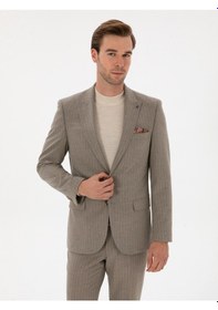 Resim Cacharel Vizon Slim Fit Çizgili Kırlangıç Yaka Takım Elbise Kahverengi 